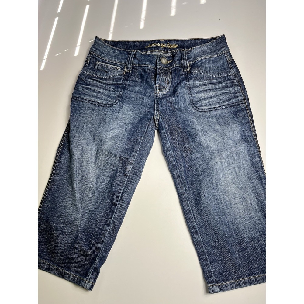 Distressed Stretch Denim American Eagle‎ Womens Capri Shorts Cotton Blend 0 Blue